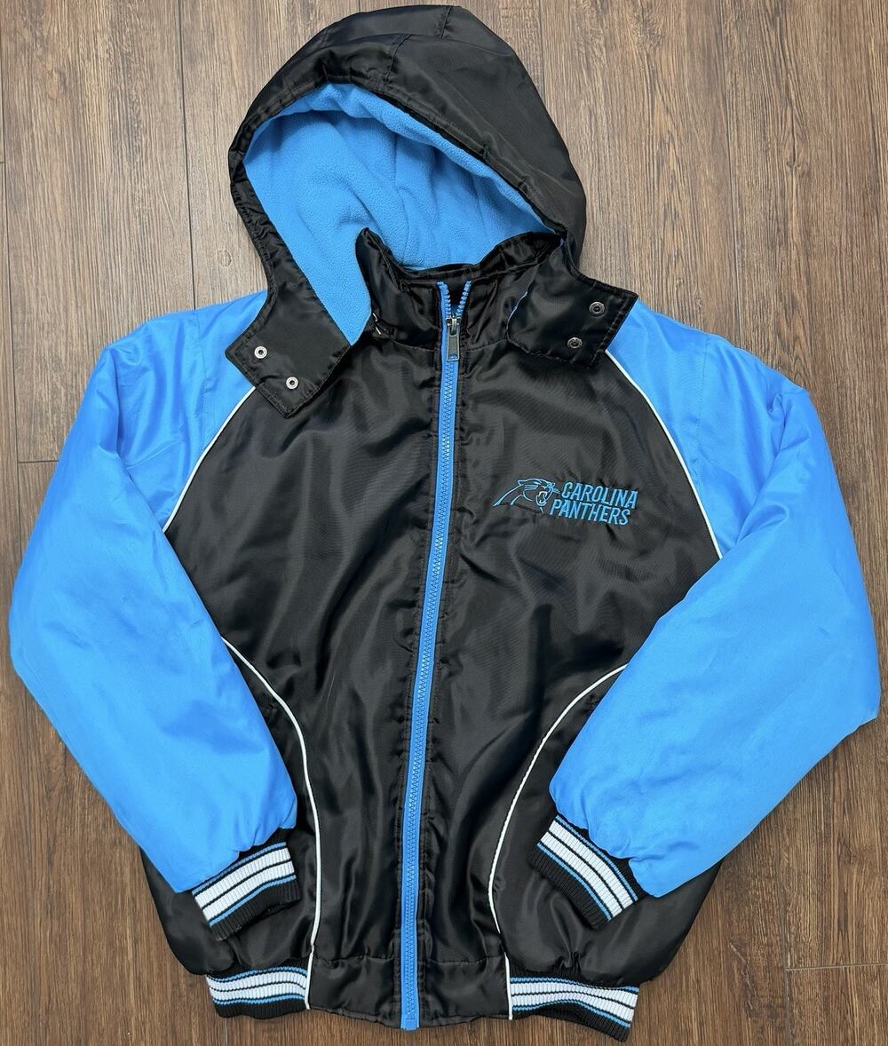 Carolina Panthers NFL Jacket Mens M Black Blue Puffer Removable Hood